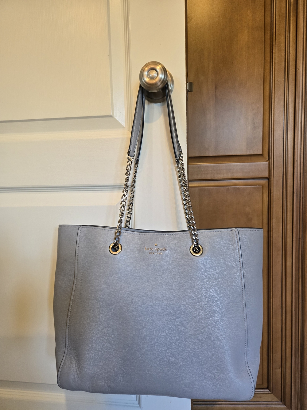 kate spade gray leather tote with chain straps